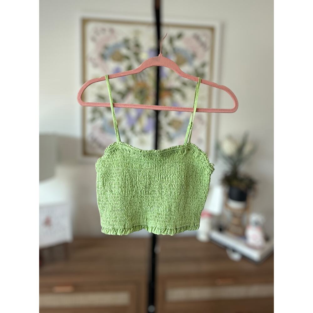 NWOT C&C California 100% Linen Smocked Crop Top Summer Green Womens Size Medium